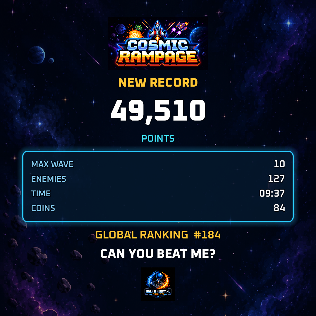Score card compartible de Cosmic Rampage con nuevo récord, puntaje y ranking global