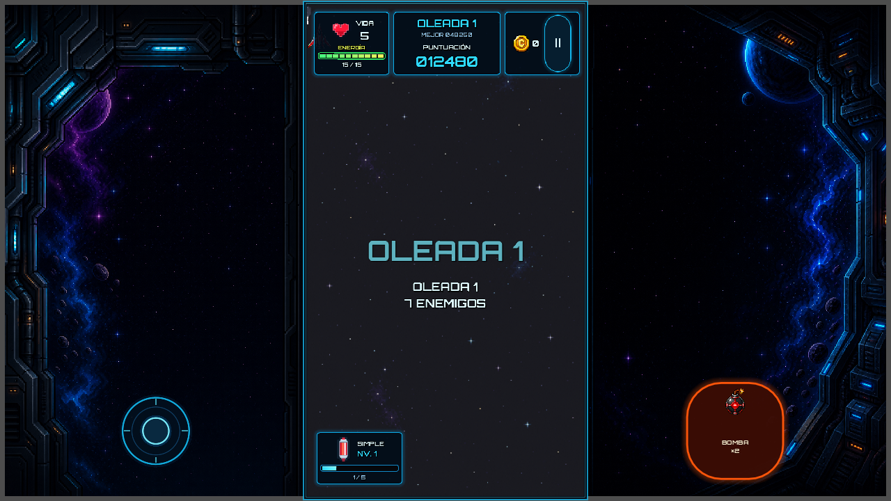 Gameplay landscape de Cosmic Rampage 1.0.4 con HUD rediseñado